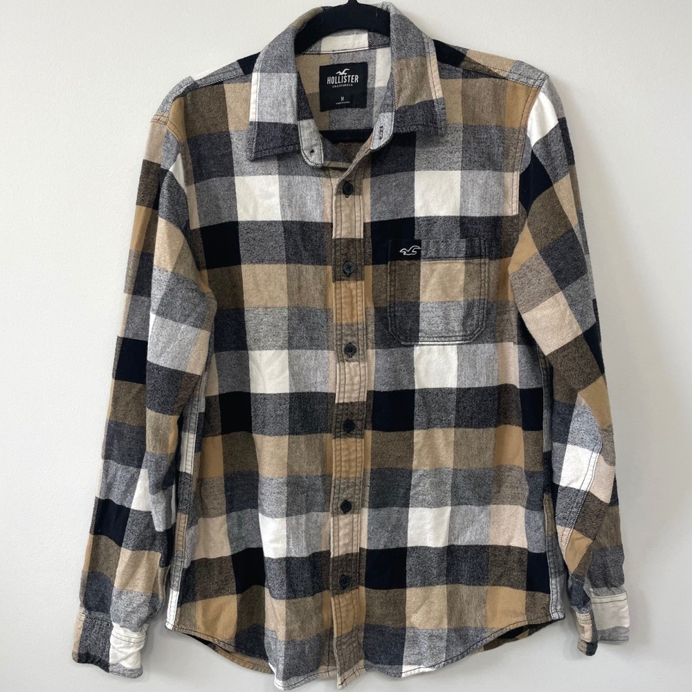 Hollister Flannel Shirt Mens M Tan Black Off White Buffalo Plaid Button Down